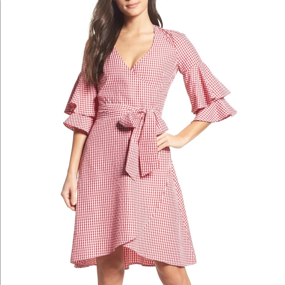 Nordstrom Red Gingham Ruffle Wrap Dress